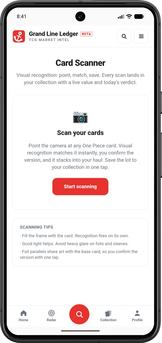 The card scanner: point the camera at any card, get the match, the price, and today's verdict